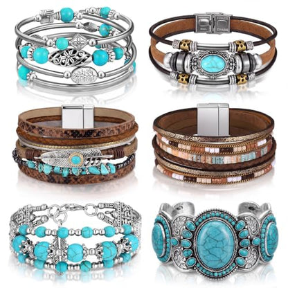 6 Pcs Turquoise Bracelet for Women Leather Bracelet Western Jewelry for Women Multilayer Boho Cuff Bangle Set - style: Retro