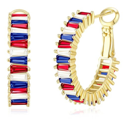 Trendy 14K Gold Plated Hoop Earrings for Women, Chunky Gold/Silver Earrings for Women Cubic Zirconia Baguette Hoop Earrings Heart Hoops Lightweight Hypoallergenic Jewelry,25mm/35mm/40mm/50mm - color: 01 Gold Patriotic Hoops 25mm