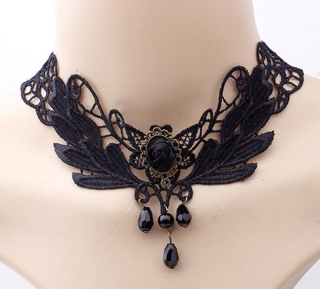 Goth Black Choker Necklace Crystal Bead Pendant Necklace for Women Gothic Velvet Lace Choker Halloween Vampire Witch Cosplay - color: B-Black