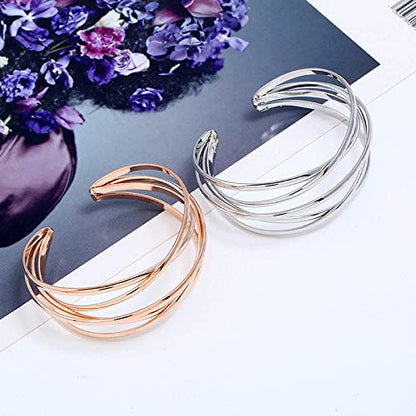 Boho Chunky Cuff Bracelet for Women,Gold/Silver/Rose gold Multi-layer Cross Wire Bangle Bracelets Open Adjustable Wide Cuff Bracelet Fashion Statement Jewelry - color: Rose gold