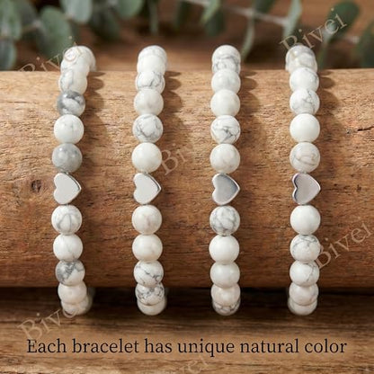 Bivei Crystal Stretch 6mm Bracelets for Women | Handmade Natural Stone Beaded Stretch Bracelet, Stainless Steel Heart Bead, Tranquility Yoga Gift Jewelry for Women - color: White Turquoise - Stabilizing