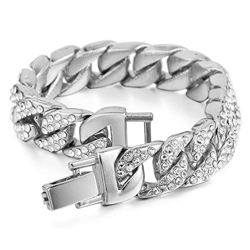 Mens Womens Cuban Link Bracelet Hip Hop Bracelet Stainless Steel Chain Bracelet Iced Out Curb Cuban 18k Gold Plated Bracelet With Clear Rhinestones - color: A-Silver-8.26in