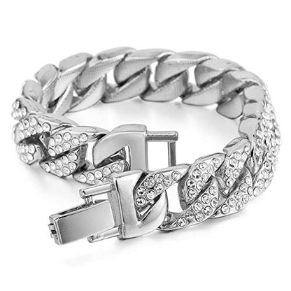 Mens Womens Cuban Link Bracelet Hip Hop Bracelet Stainless Steel Chain Bracelet Iced Out Curb Cuban 18k Gold Plated Bracelet With Clear Rhinestones - color: A-Silver-8.26in