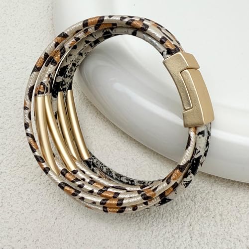 Bracelets for Women Leather Bracelet Multi-Layer Rope Wrap Bangle 14k Gold Plated Cirle Hollow Tube Boho Cuff Bangle Bracelets for Women Gift - style: Animal Print Bracelet