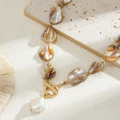 Boho Chunky Shell Necklace for Women Baroque Pearl Pendant Necklaces Irregular Shell Beaded Choker Necklace Trendy Vacation Jewelry Accessories - color: White