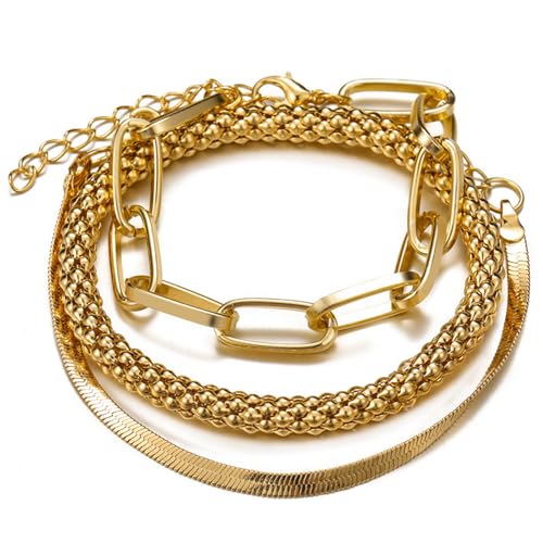 Alegend 14K Gold Plated Stackable Multilayer Bracelets + Titanium Steel(Not Rust, Resist Corruption, Easily Clean) 18K Gold Plated Single Bracelets - color: 14K Gold + 3PCS