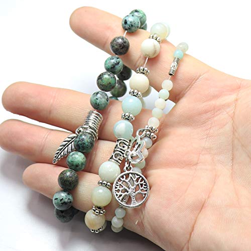 Tree of Life Yoga Healing Stone Bracelets,Multilayer Lotus Chakra Stone Reiki Bracelet Sets,Anxiety Crystal Natural Stone,for Women Stress Relief - style: Style 8 Amazonite + African Turquoise