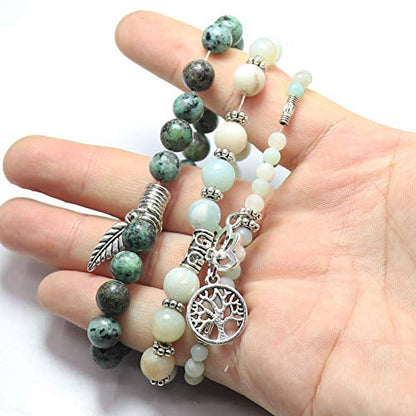 Tree of Life Yoga Healing Stone Bracelets,Multilayer Lotus Chakra Stone Reiki Bracelet Sets,Anxiety Crystal Natural Stone,for Women Stress Relief - style: Style 8 Amazonite + African Turquoise