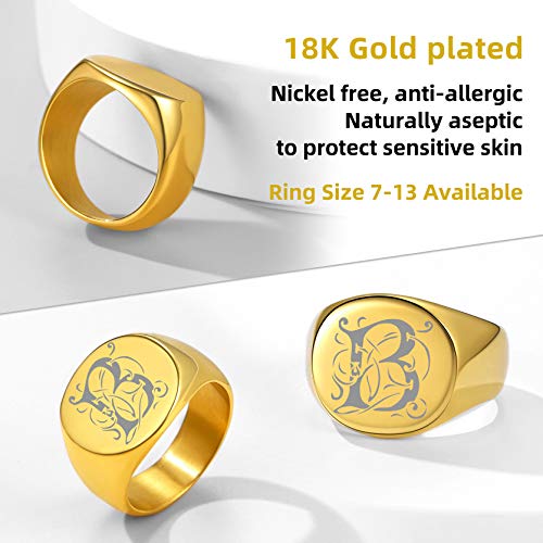 GoldChic Jewelry Personalized Signet Rings Men Women, Stainless Steel Custom Photo Bold Square/Oval Monogram/Old English Initial Pinky Stacking Statement Ring in Black/Silver/Gold (Size 7-14) - color: Gold-Initial -Round