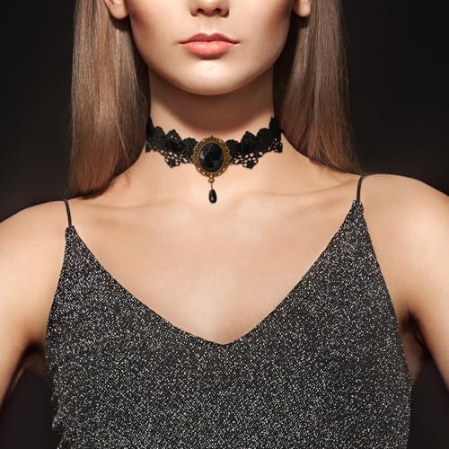 Lace Choker Witch Necklace for Women Halloween Gothic Lace Collar Punk Rhinestone Gothic Necklace Prom Jewelry Halloween Vampire Choker Necklace Costume Emo Witch Accessories - color: Black