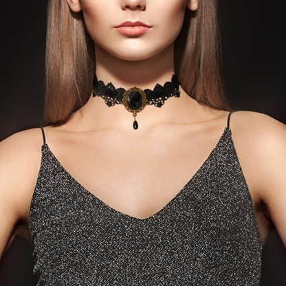 Lace Choker Witch Necklace for Women Halloween Gothic Lace Collar Punk Rhinestone Gothic Necklace Prom Jewelry Halloween Vampire Choker Necklace Costume Emo Witch Accessories - color: Black