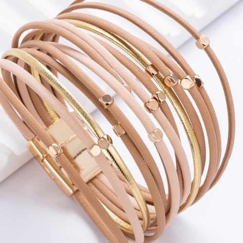 Stackable Beaded Leather Wrap Bracelet Boho Western Country Beach Jewelry | Layered Bead Stack Multi Strand Magnetic Clasp Cuff Bangle Bohemian Hippie Cowgirl Fashion Summer Vacation Outfits for Women - color: Nude
