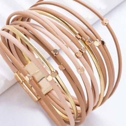Stackable Beaded Leather Wrap Bracelet Boho Western Country Beach Jewelry | Layered Bead Stack Multi Strand Magnetic Clasp Cuff Bangle Bohemian Hippie Cowgirl Fashion Summer Vacation Outfits for Women - color: Nude