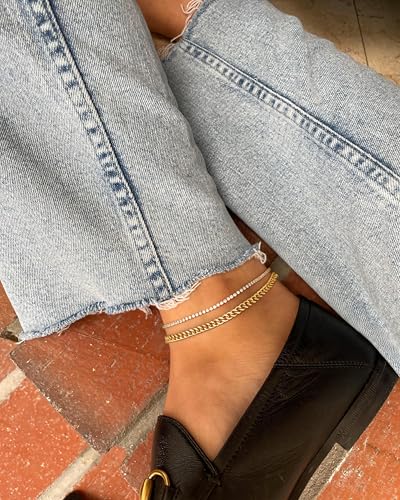 Robaice Adjustable Ankle Set for Women Waterproof, 14K Gold Plated | Layered Cuban, tennis, herringbone and clover chain styles, waterproof and non-tarnish for everyday wear or gifting - color: Mixed - Gold Cuban & Silver Tennis (2pcs)
