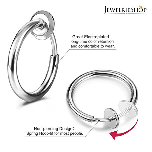 JewelrieShop Retractable Earrings Fake Hoop Fake Nose Ring Non Pierced Earrings Fake Cartilage Piercing Clip On Nose Ring Septum Ring for Women (1 Pair, Black/Silver/Gold/White) - color: #01. Silver Tone x 1 Pair