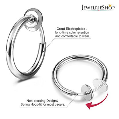JewelrieShop Retractable Earrings Fake Hoop Fake Nose Ring Non Pierced Earrings Fake Cartilage Piercing Clip On Nose Ring Septum Ring for Women (1 Pair, Black/Silver/Gold/White) - color: #01. Silver Tone x 1 Pair