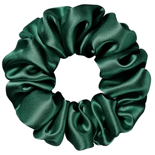 Silk Scrunchie 1.4" Medium Wide 6A 22 Momme 100% Mulberry Silk Hair Ties,Gentle on Hair No Damage No Crease for Women Girls Curly Thick Wavy Hair,Sample Fabric Provided (1, Dark Green) - color: Dark Green