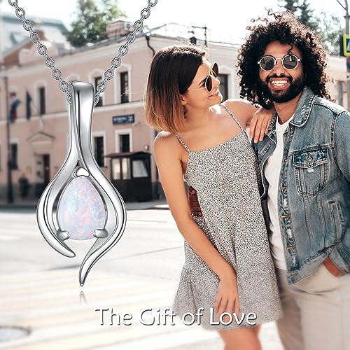 VONALA Sterling Silver Necklace Moss Agate/Turquoise/Larimar/Aquamarine/Opal/Black Onyx/Rose Quartz/Moonstone Pendant Teardrop Necklace Jewelry Gift for Women - style: Opal