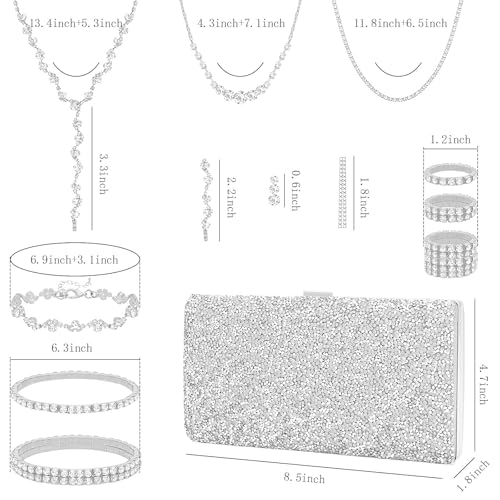 NEWITIN Purse Rhinestone Jewelry Set for Women Prom Jewels Crystal Clutch Purse Necklaces Rings Bracelets Earrings Gold Silver Jewelry Set for Women Bride - color: 16 Pieces Silver