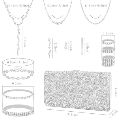 NEWITIN Purse Rhinestone Jewelry Set for Women Prom Jewels Crystal Clutch Purse Necklaces Rings Bracelets Earrings Gold Silver Jewelry Set for Women Bride - color: 16 Pieces Silver