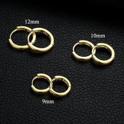 ORANGELOVE 3 Pairs 14K Gold Plated Huggie Hoop Earrings Set for Women or Men Lightweight Hypoallergenic Small Hoop Earring Pack Multiple Piercing Stacks Cartilage Piercing Jewelry - style: Gold-9/10/12mm