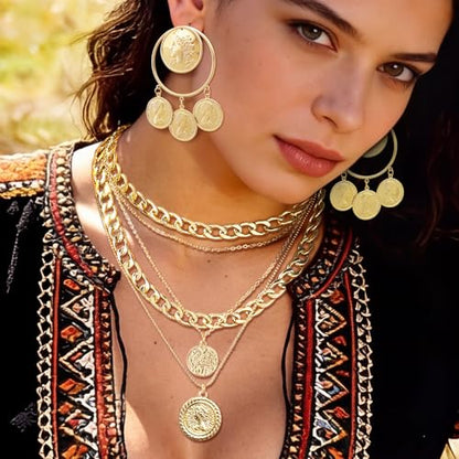 2 Pcs Layered Golden Pirate Necklace Earrings for Women Chunky Chain Layered Necklace Boho Gypsy Hoop Earrings Punk Grunge 80s 90s Coin Pendant Jewelry Halloween Pirate Costume Accessories - color: Big Golden Coin