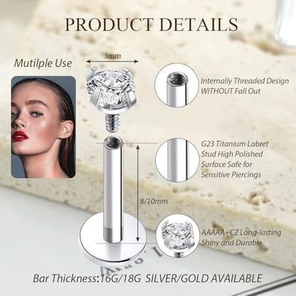 GAGABODY G23 Titanium 16G 6/8/10mm Clear CZ/Opal Internally Threaded Labret Monroe Lip Studs 6mm Helix Cartilage Tragus Earring Piercing - color: 16G-2Pcs - Length:8mm CZ:2mm