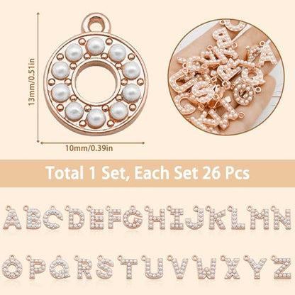 26PCS Pearl Letter Charms A-Z Alphabet Pendants for Making Jewelry 18K Gold Initial Charm Trendy Slider Pearls Capital Beads for Bracelet Necklace Choker Earrings DIY Crafts Anniversary Birthday Gifts - color: Gold