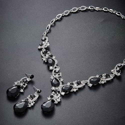 Women's Wedding Bridal Crystal Multi Teardrop Cluster Statement Necklace Dangle Earrings Set - color: 05-Black Silver-Tone