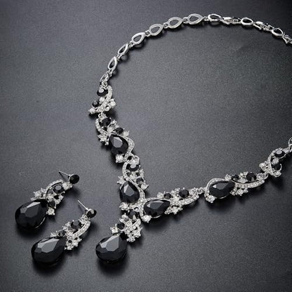 Women's Wedding Bridal Crystal Multi Teardrop Cluster Statement Necklace Dangle Earrings Set - color: 05-Black Silver-Tone