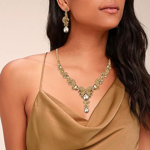 EVER FAITH Rhinestone Crystal Bridal Floral Wave Teardrop Necklace Earrings Set - color: 2pcs_Champagne