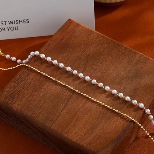 ASCOMY Ankle Bracelets for Women 14K Gold/Silver Plated Anklets for Women Waterproof Layered Cute Beads Dot Shining Twist Rope Chain Pearl Bar Link Heart Anklets Summer Beach Foot Chain Jewelry Gifts - style: Pearl Beads-GD