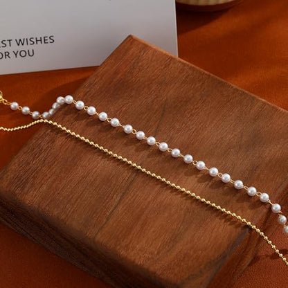 ASCOMY Ankle Bracelets for Women 14K Gold/Silver Plated Anklets for Women Waterproof Layered Cute Beads Dot Shining Twist Rope Chain Pearl Bar Link Heart Anklets Summer Beach Foot Chain Jewelry Gifts - style: Pearl Beads-GD