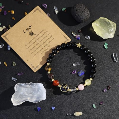 Zodiac Bracelets for Women 12 Constellations Healing Crystal Stone Beads Bracelet Birthday Zodiac Gifts Horoscope Spiritual Bracelet - color: Leo