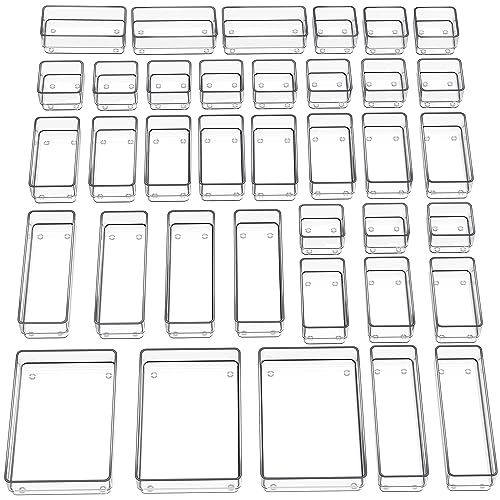 SMARTAKE 37 PCS Drawer Organizer 4 Size Desk Makeup Drawer Organizer Clear | Storage Trays with Non Slip Silicone Pads for Makeup , Jewelries, Utensils in Bedroom Dresser, Office, Kitchen and Bathroom - style: 37 PCS