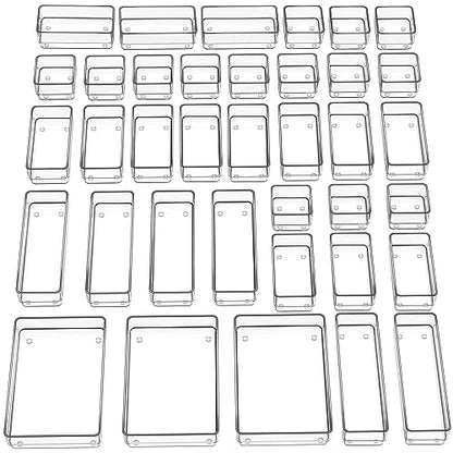 SMARTAKE 37 PCS Drawer Organizer 4 Size Desk Makeup Drawer Organizer Clear | Storage Trays with Non Slip Silicone Pads for Makeup , Jewelries, Utensils in Bedroom Dresser, Office, Kitchen and Bathroom - style: 37 PCS