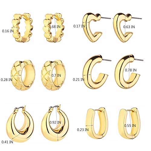 Wgoud 6 Pairs Chunky Gold Hoop Earrings for Women, 14K Gold Plated Hoop Earrings Hypoallergenic, Thick Lightweight Twisted Huggie Hoops Earring Set for Women’s Jewelry GIfts - color: 6 Gold Hoops set