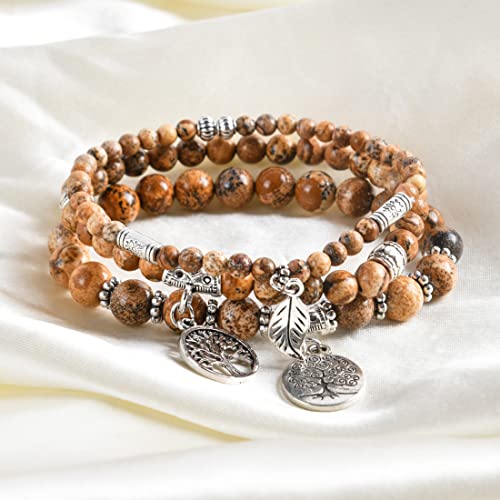 YGLINE Tree of Life Yoga Healing Stone Bracelets,Multilayer Lotus Chakra Stone Reiki Bracelet Sets,Anxiety Crystal Natural Stone,for Women Stress Relief - color: Picture Jasper-3w