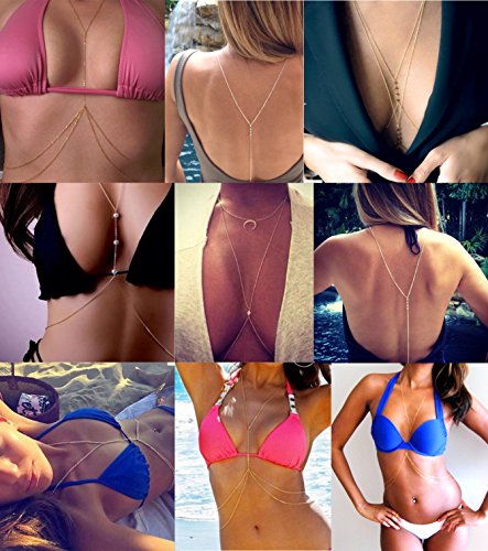 4-8Pcs Sexy Body Chain Belly Waist Chain Necklace Summer Beach Bikini Bra Body Jewelry for Women Gold Tone - style: B1:6pcs, Gold Tone