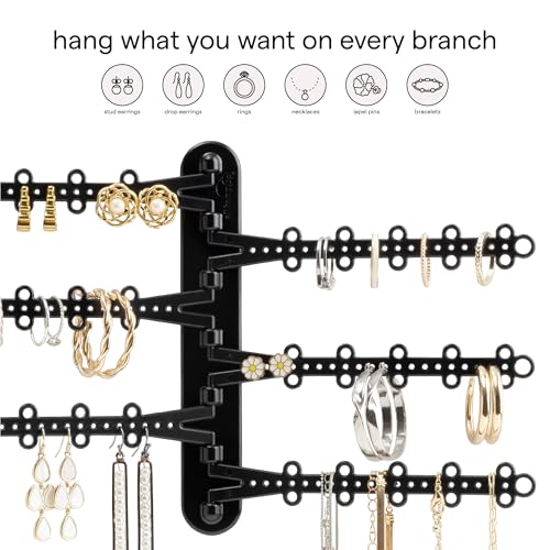 6-Tier Hanging Wall Jewelry Organizer, Earring, Necklace, Ring Holder-Black | Large Capacity with 120 Earring Holes, Rotating Branches, Includes 3M Command Strips, Bracelet, Ring & Necklace Storage - color: 6-Tier Midnight Black