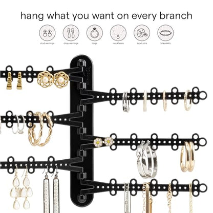 6-Tier Hanging Wall Jewelry Organizer, Earring, Necklace, Ring Holder-Black | Large Capacity with 120 Earring Holes, Rotating Branches, Includes 3M Command Strips, Bracelet, Ring & Necklace Storage - color: 6-Tier Midnight Black