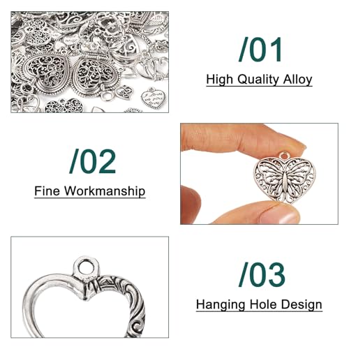 Elecrelive Crystal Heart Charms Rhinestone Heart Pendants Valentine Charms for Necklace Bracelet Earring Wedding Jewelry - color: Matte Silver, 120pcs