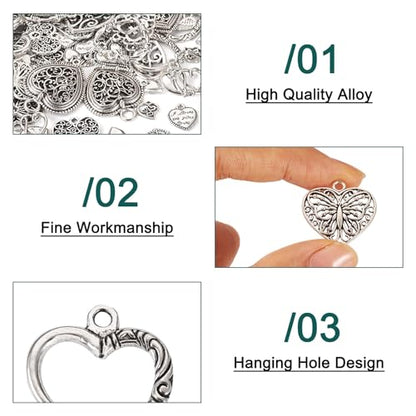 Elecrelive Crystal Heart Charms Rhinestone Heart Pendants Valentine Charms for Necklace Bracelet Earring Wedding Jewelry - color: Matte Silver, 120pcs