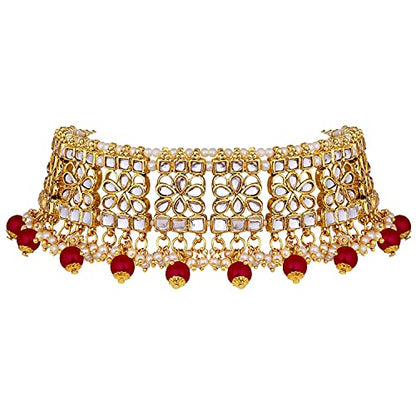 Aheli Elegant Indian Faux Kundan Studded Choker Necklace with Maang Tikka Set Ethnic Wedding Wear Bharatanatyam jewellery set Gift for Women - color: Maroon 2