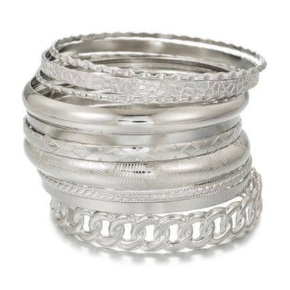 Gold Bangles for Women, 12 Pcs Boho Stackable Bracelets Multi Layer Textured Chunky Bracelets Jewelry Set for Women - color: Style E- 10 pcs silver