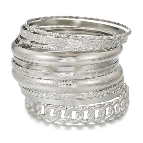 Gold Bangles for Women, 12 Pcs Boho Stackable Bracelets Multi Layer Textured Chunky Bracelets Jewelry Set for Women - color: Style E- 10 pcs silver