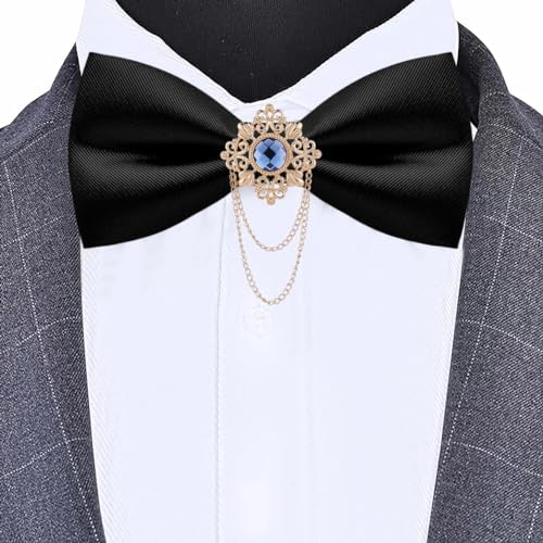 QCWQYML Black Bow Ties for Men Pre-Tied Mens Bow Tie Classic Crystal Brooch Chain Bowtie Adjustable Bowties Tuxedo Party - color: (Gold/Blue)-black