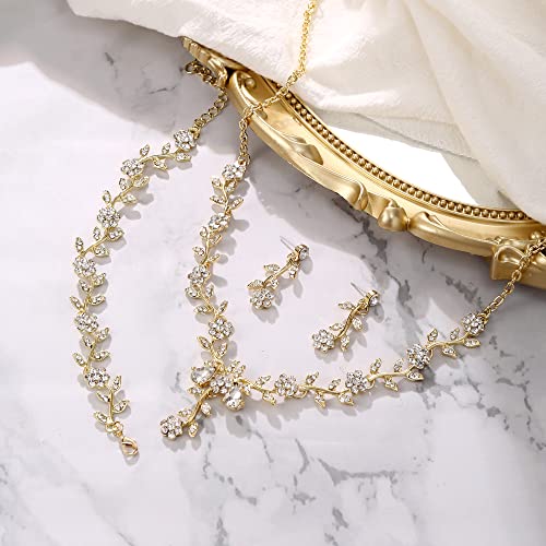 Women's Wedding Jewelry Set for Bride,Prom Bridal Accessories | Bling Crystal,Flower Leaf Cluster,Dangle Earrings Pendant Necklace Set,for Bridesmaid,Party Jewellery - color: 3Pcs-Clear Gold-Plated-Base