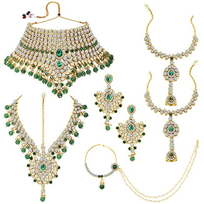 Aheli Bollywood Style Indian Bridal Choker Necklace Matha Patti Nose Ring Haath Phool Wedding Fashion Bharatanatyam jewellery set for Women - color: Green 2
