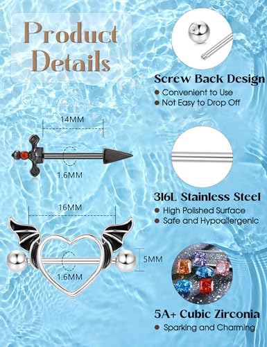 JOERICA 6 Pairs 14G Nipple Rings for Women 316L Stainless Steel Heart Butterfly Moon CZ Flower Barbell Nipple Rings Set Cute Nipplerings Piercing Jewelry - color: Black Tone